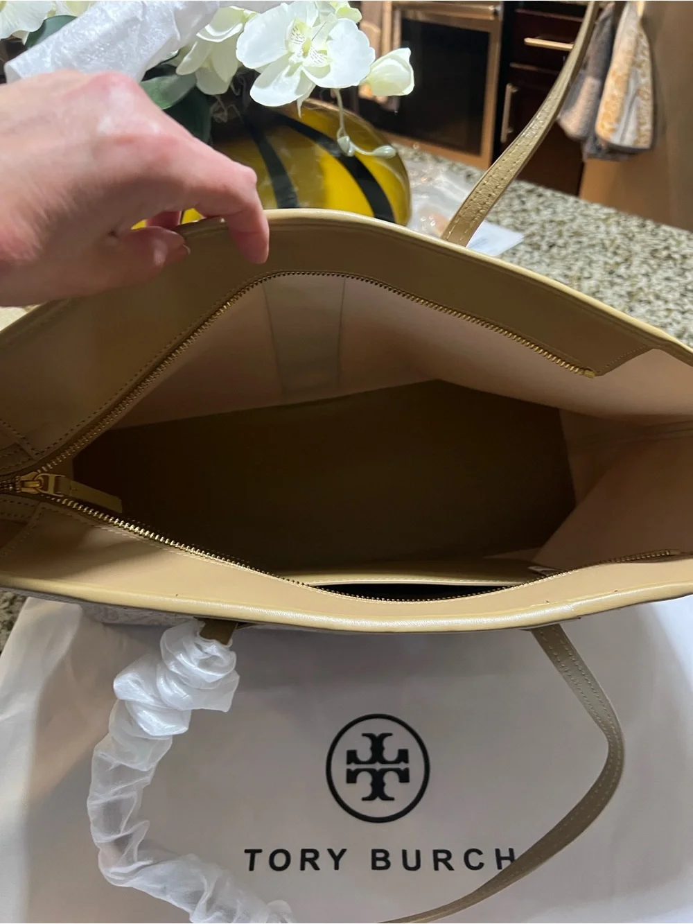 Tory Burch Blush Logo Stripe Tote with Olive Trim